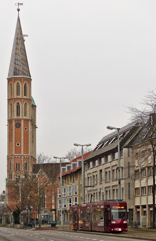 . Tram N 0760 is running through Bohlweg in Braunschweig on January 3rd, 2015.