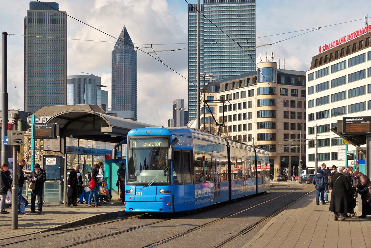 . Tram N 234 is arriving at the stop Hauptbahnhof in Frankfurt am Main on February 28th, 2015.