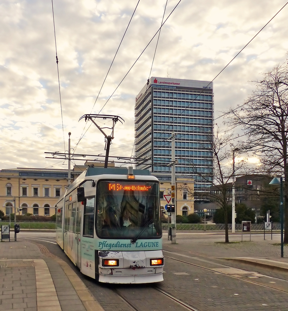 . Tram N 9551 is arriving at the stop Friedrich-Wilhelm-Platz in Braunschweig on January 3rd, 2015. 