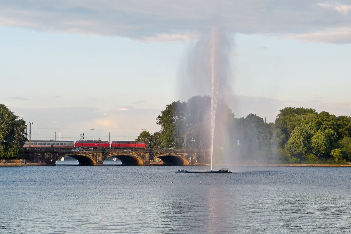 . Two diesel engines are hauling an IC over the Lombardsbrcke in Hamburg on September 17th, 2013.