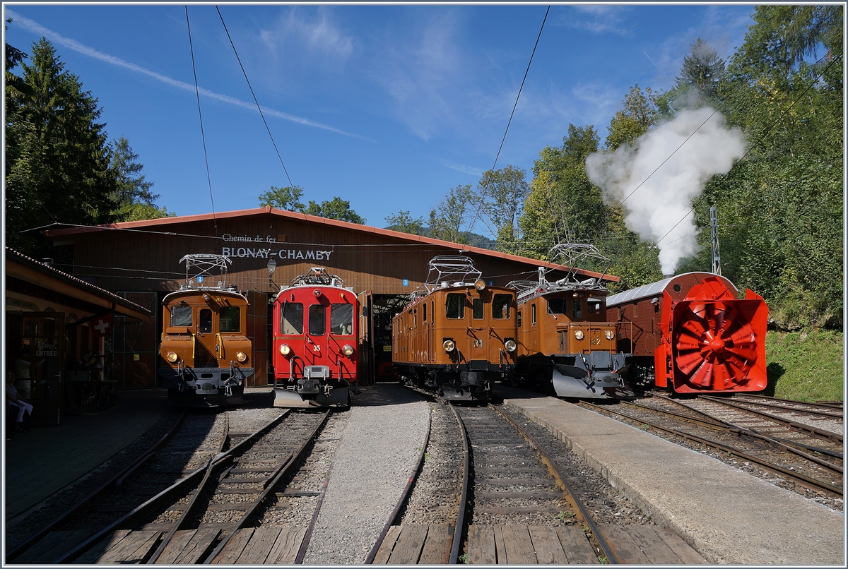 50 years Blonay -Chamby Railway - Mega Bernina Festival (MBF): RhB Ge 2/2 161  Asnin , The RhB ABe 4/4 N° 35, The RhB Ge 4/4 81, Ge 4/4 182 and the RhB snowsteamer in Chaulin.
08.09.2018