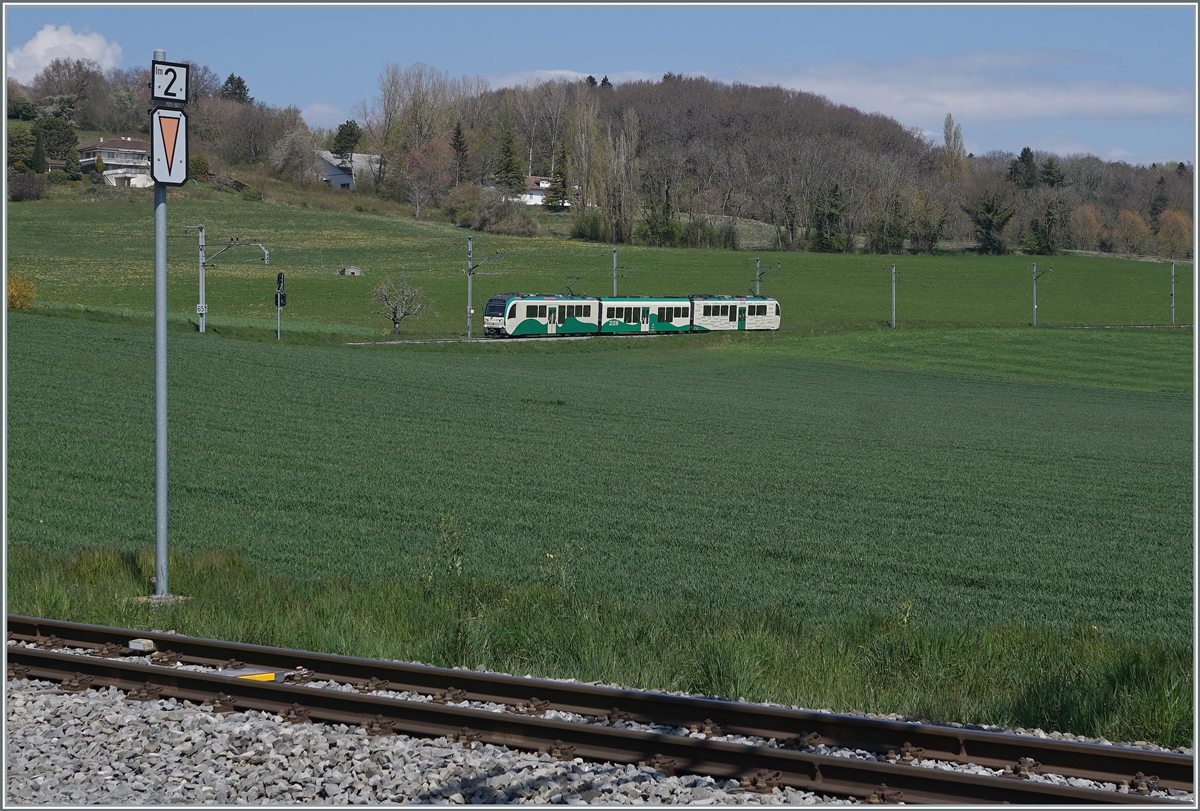 A BAM MBC Be 4/4 - B - Be 4/4 (SURF) is on the journey from Bière to Morges. The train will soon reach Yens, from where this picture was taken.

April 10, 2017
