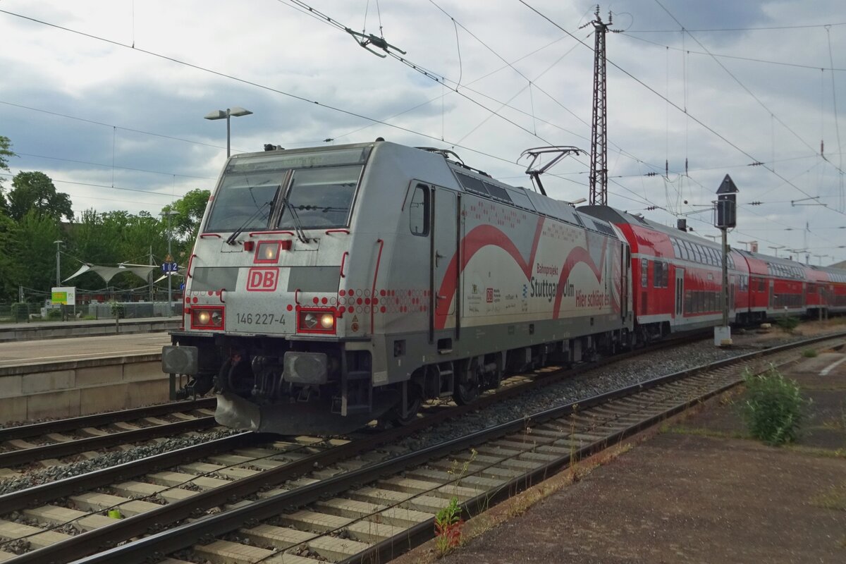 A bit far away from the advertised high speed line Stuttgart--Ulm: DB regio 146 227 quits Offenburg on 30 May 2019 and advertises for the aforementioned high speed line.