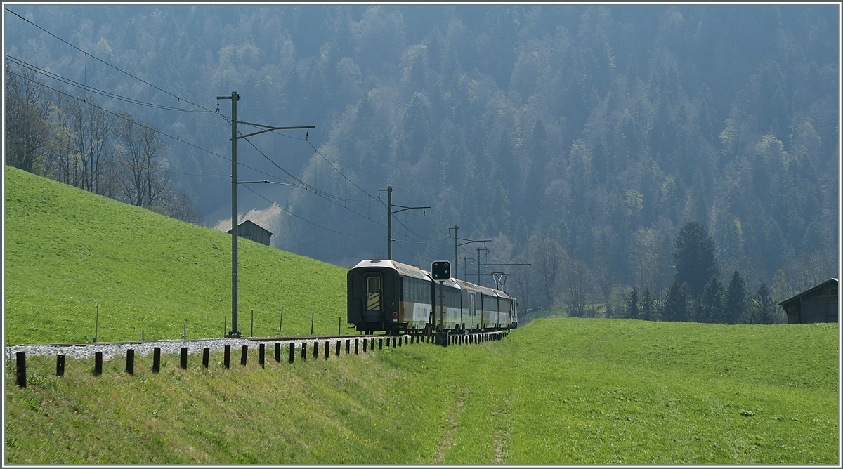 A MOB GoldenPass Panoramic train on the way to Zweisimmen by Rossinère.
16.04.2011 