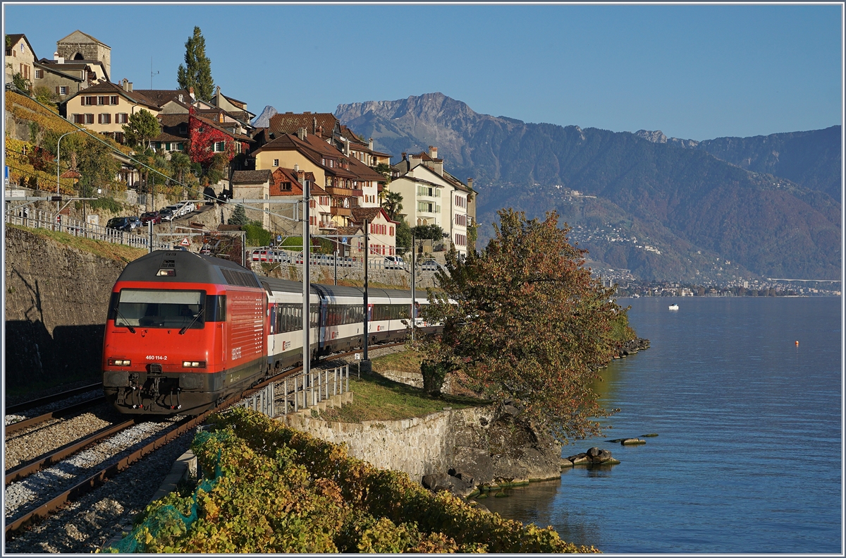 A SBB Re 460 with an IR 90 on the way to Geneve Airport by St Saphorin. 

16.10.2017
