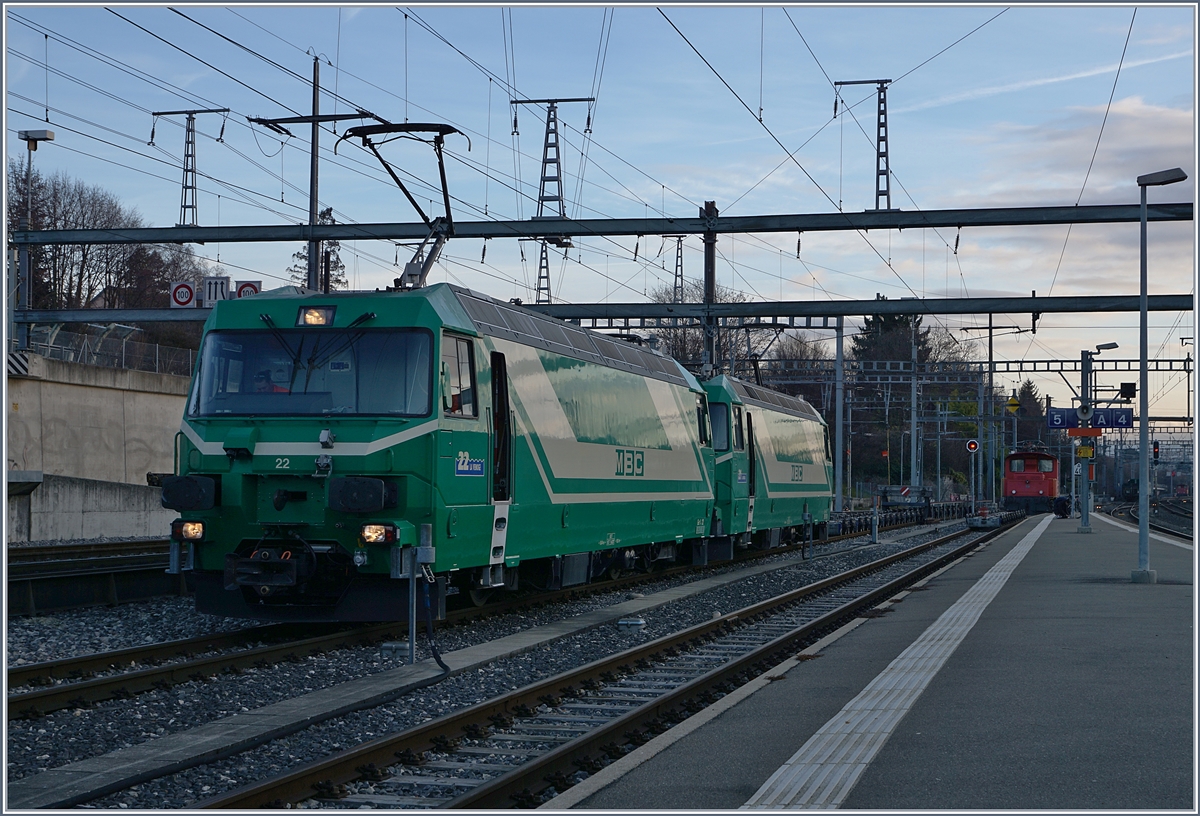 BAM Ge 4/4 21 and 22 in Morges.
22.02.2017