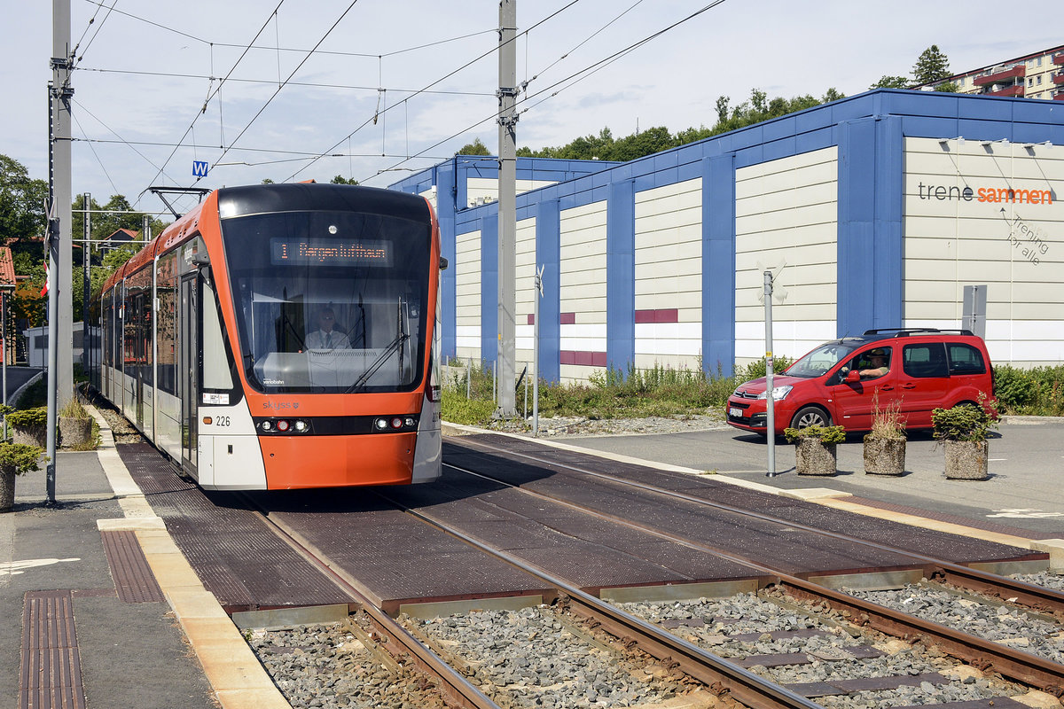 Bergen Light Rail: Tram 226 at the Station in Fantoft. The line to the airport opened in 2017. Date: 11 July 2018.