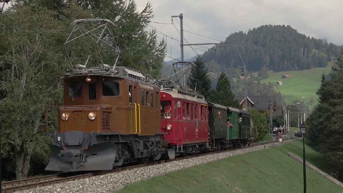Bernina Krokodil RhB 182 and Bernina Triebwagen RhB 35 on the Montreux - Berner Oberland Bahn (MOB) near Rougement VD

The historic  Bernina Crocodile  RhB 182 (built 1928) and the historic  Bernina Railcar  RhB 35 (built 1908) on the Montreux - Bernese Oberland Railway MOB. An image that is unique in this form. The Bernina Crocodile belongs to the RhB and was transported on the road to the Blonay-Chamby museum line for an anniversary event. In September 2018, the Bernina Crocodile was on the MOB network for the first and probably last time.

