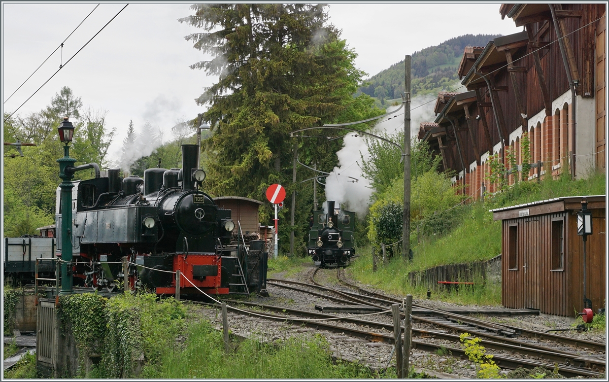 Blonay Chamby Nostalgie & Steam 2021: The Blonay-Chamby G 2x 2/2 105 in Chaulin. In the background the G 3/3 N° 5. 

23.05.2021