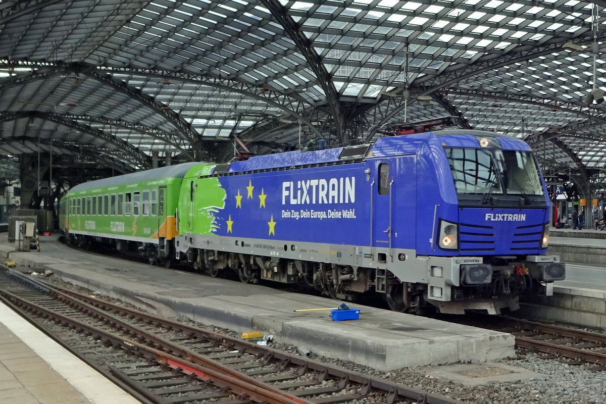 Blue side of FlixTrain 193 826 at Köln Hbf on 23 September 2019. This train begins her journey at Cologne, less than two hours after having arrived.