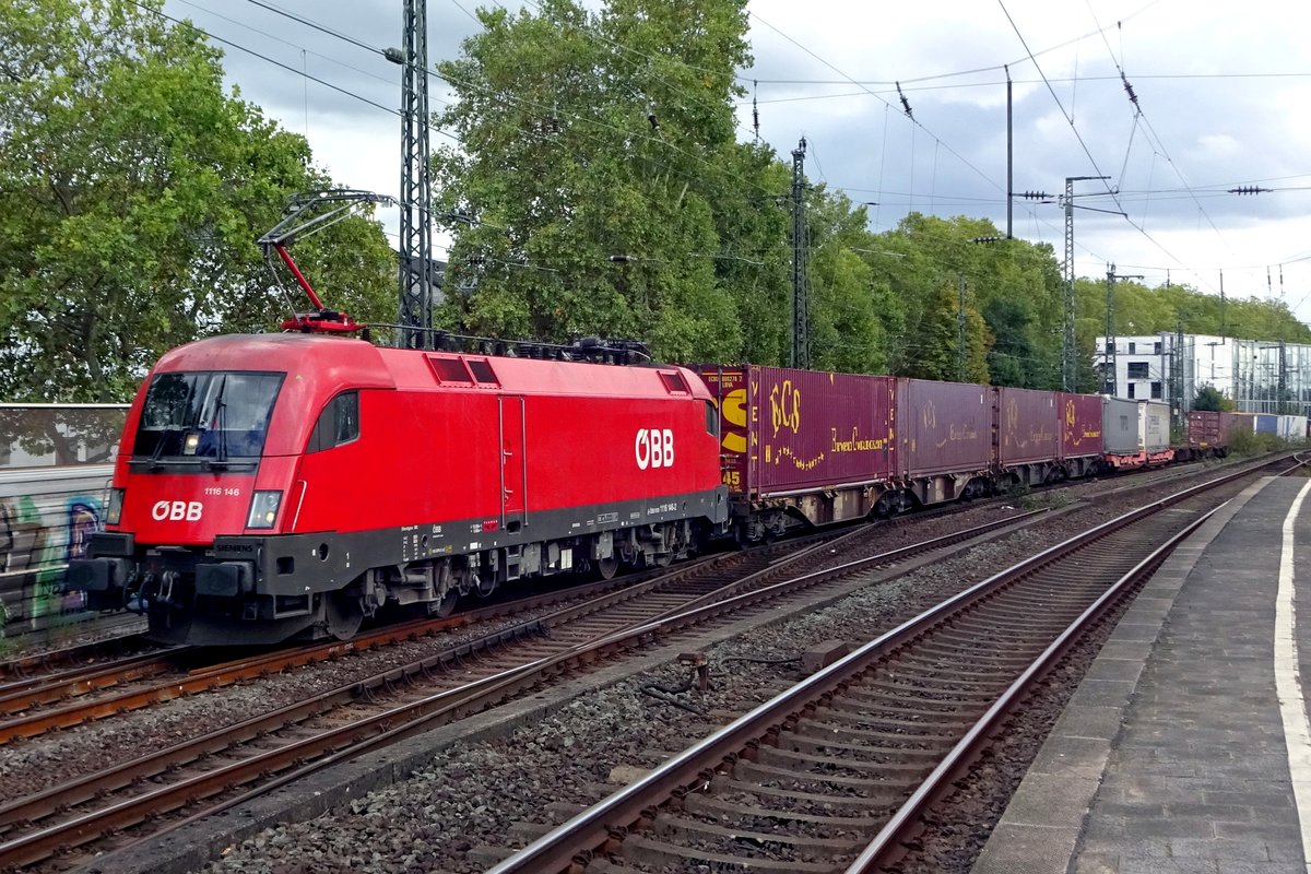 Container train with 1116 146 passes Köln Süd on 23 September 2019.