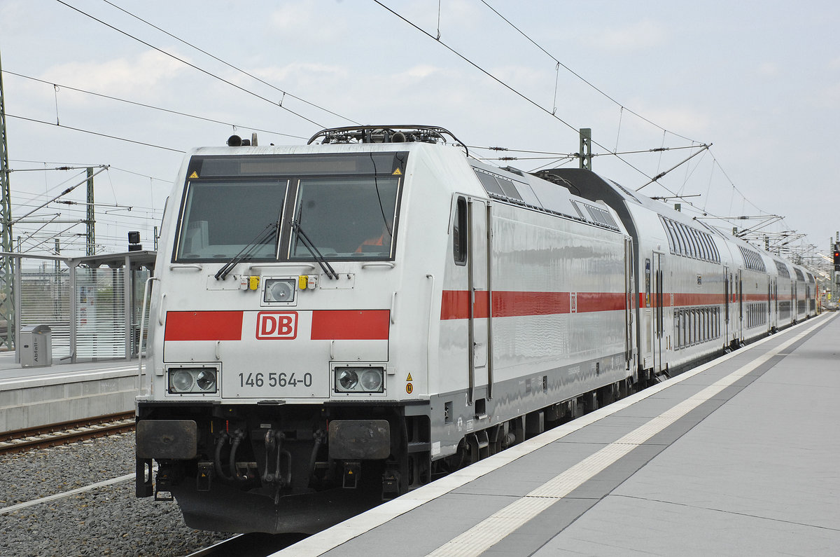 DB Class 146 564-0 at the Central Station in Leipzig on May 1st 2017.

The DBAG Class 145 and DBAG Class 146 are Bo'Bo' mainline electric locomotives built by Adtranz primarily for the Deutsche Bahn at the end of the 1990s.

Between 2000 and 2001, a development for passenger trains with hollow shaft final drive replacing the axle hung drive and a higher top speed of 160 km/h (99 mph) was produced for DB Regio. These locomotives were given the designation DBAG Class 146. An additional 32 were ordered in August 2012.