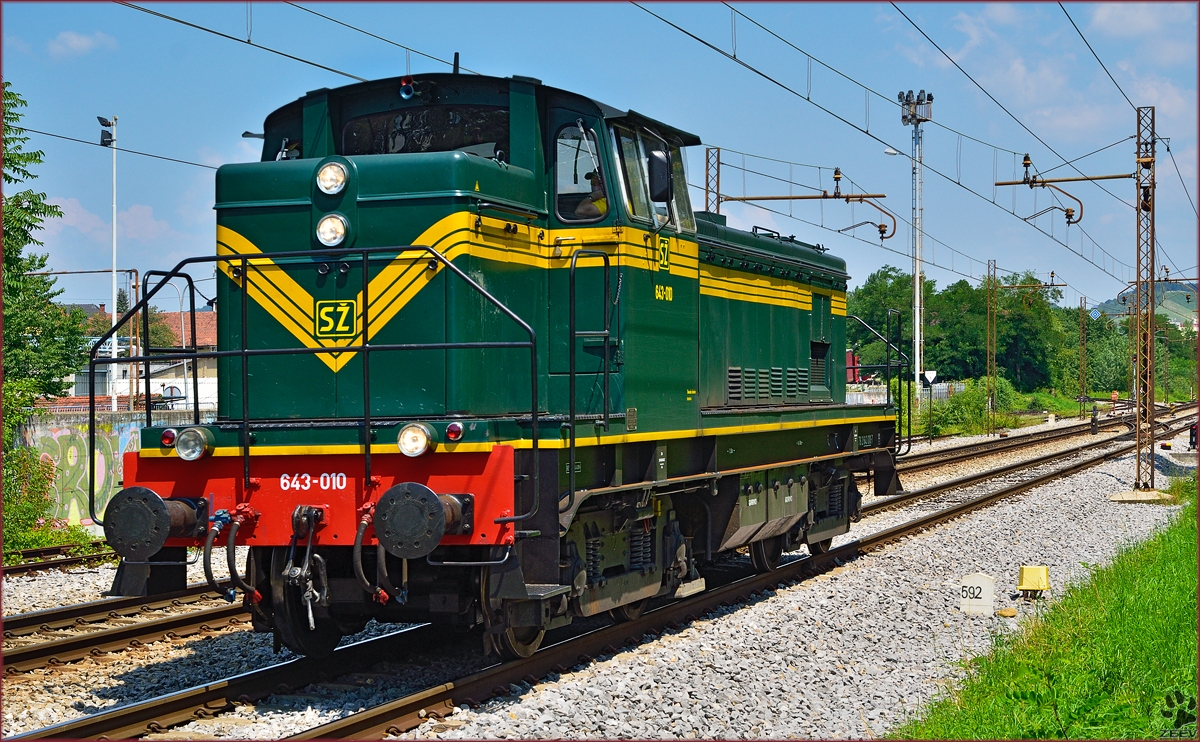 Diesel loc 643-010 run through Maribor-Tabor on the way to Tezno yard. /18.7.2014