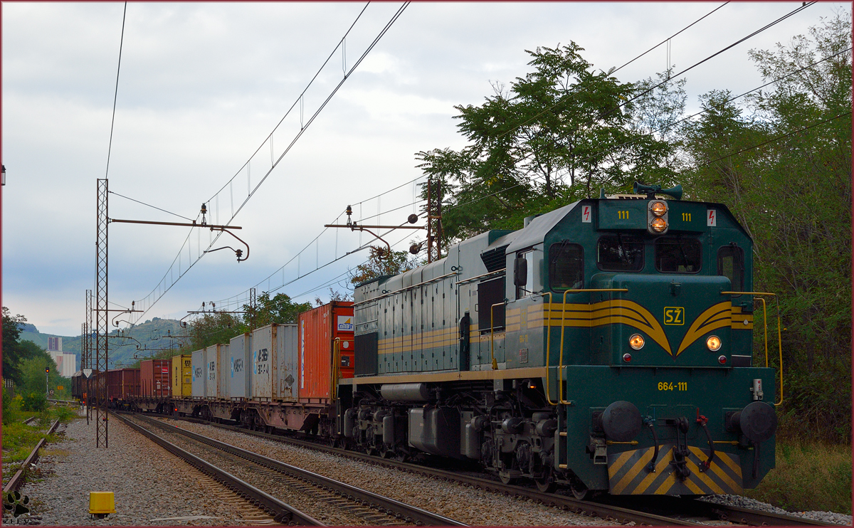 Diesel loc 664-111 is hauling freight train through Maribor-Tabor on the way to Tezno yard. /10.9.2013