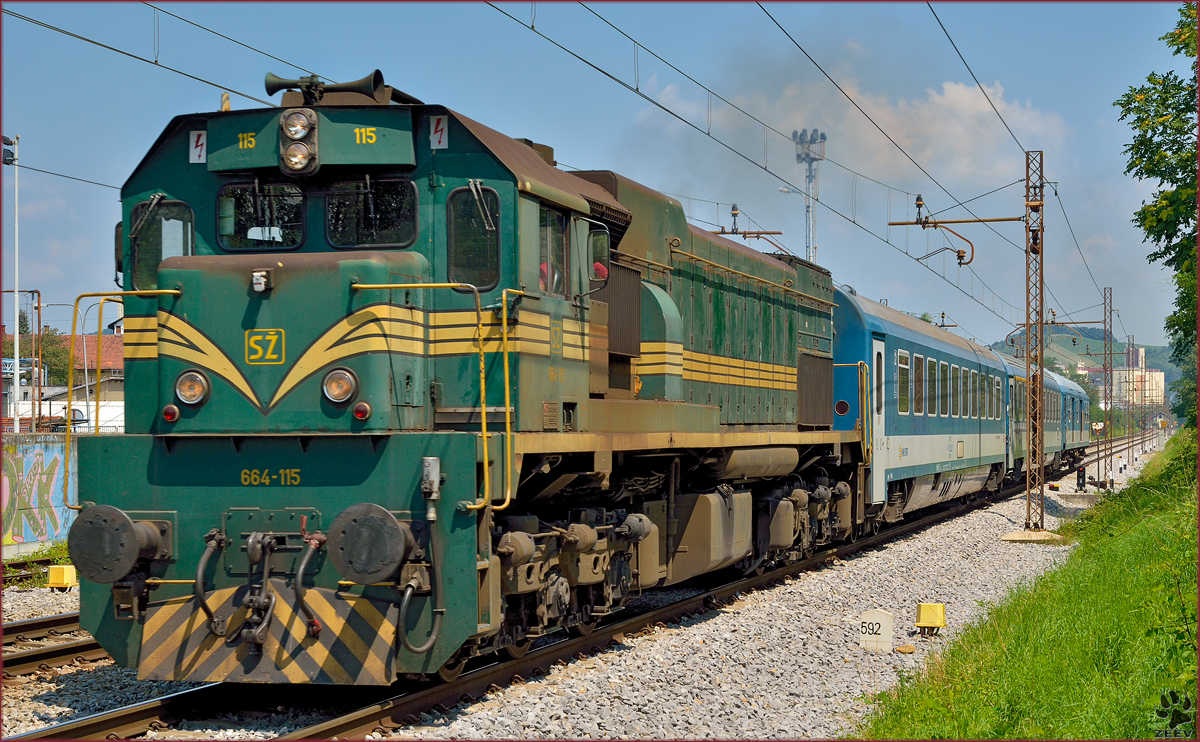 Diesel loc 664-115 pull MV247 'Citadella' through Maribor-Tabor on the way to Budapest. /18.7.2014