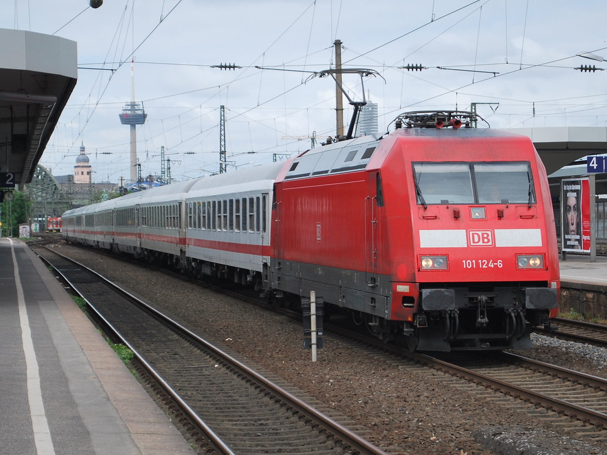 Electric engine type 101 hauling a EuroCity train of DB in Köln Messe/Deutz on 14th May 2016.
