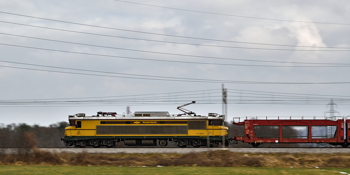 Electric loc 363-005 pull freight train through Bohova on the way to the north. /12.2.2015