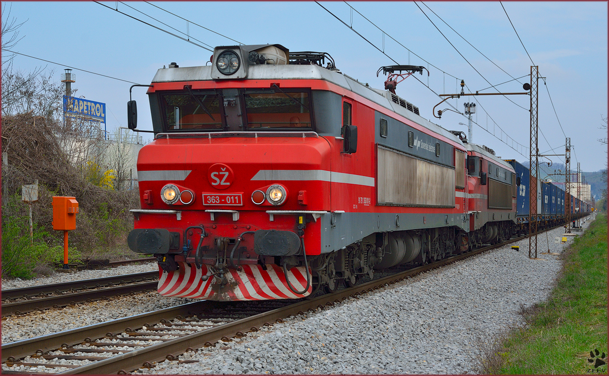 Electric loc 363-011 pull container train through Maribor-Tabor on the way to Koper port. /26.3.2014