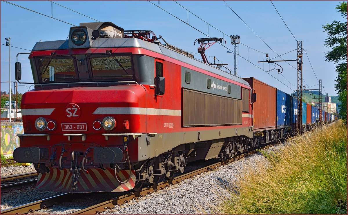 Electric loc 363-031 pull container train through Maribor-Tabor on the way to Koper port. /13.6.2014