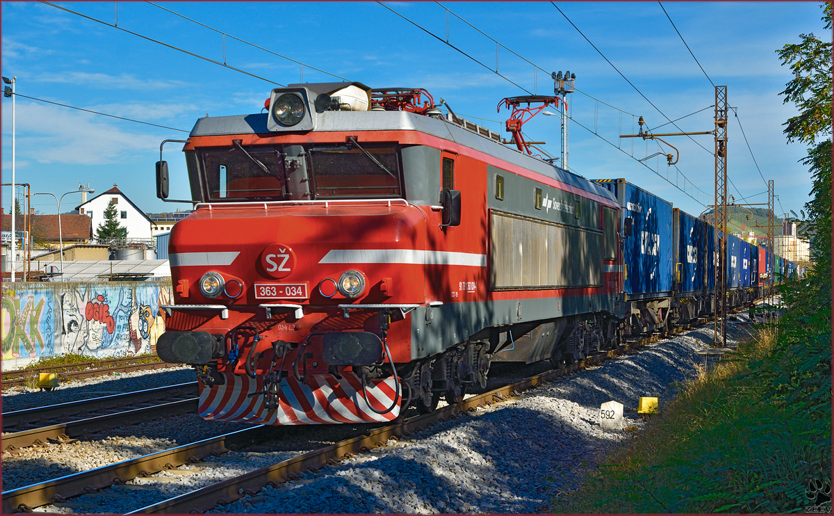 Electric loc 363-034 pull container train trough Maribor-Tabor on the way to Koper port. /14.10.2014