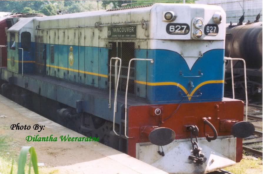 EMD G12 Class M2 627 named  Vancouver  was seen at Peradeniya Juction with a new coat of paint in Jan 2013.