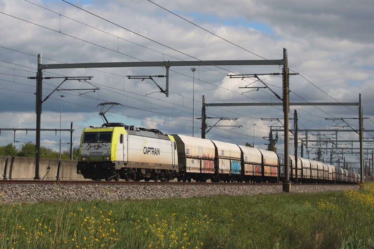 From BOttrop, 186 155 hauls this coal train through Valburg toward Rotterdam through Valburg on 18 April 2024./
