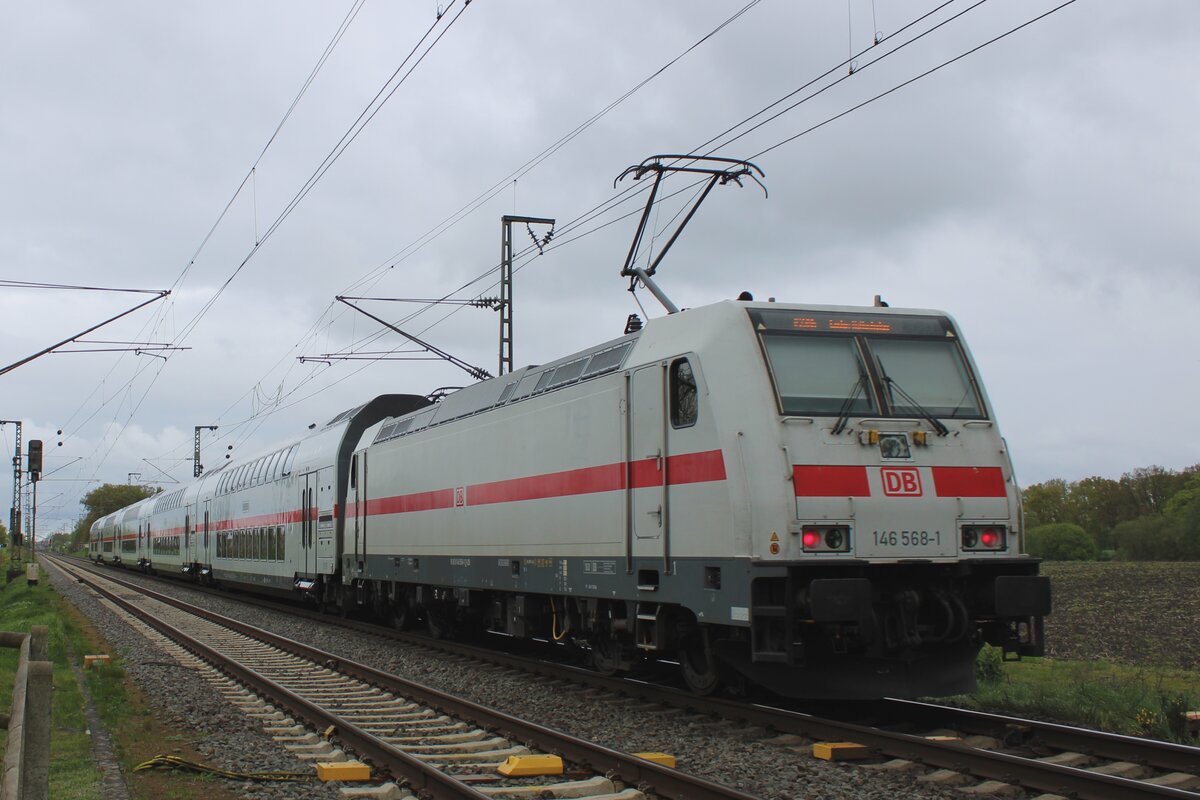 IC service to Emden with 146 568 passes Salzbergen on 20 April 2024.