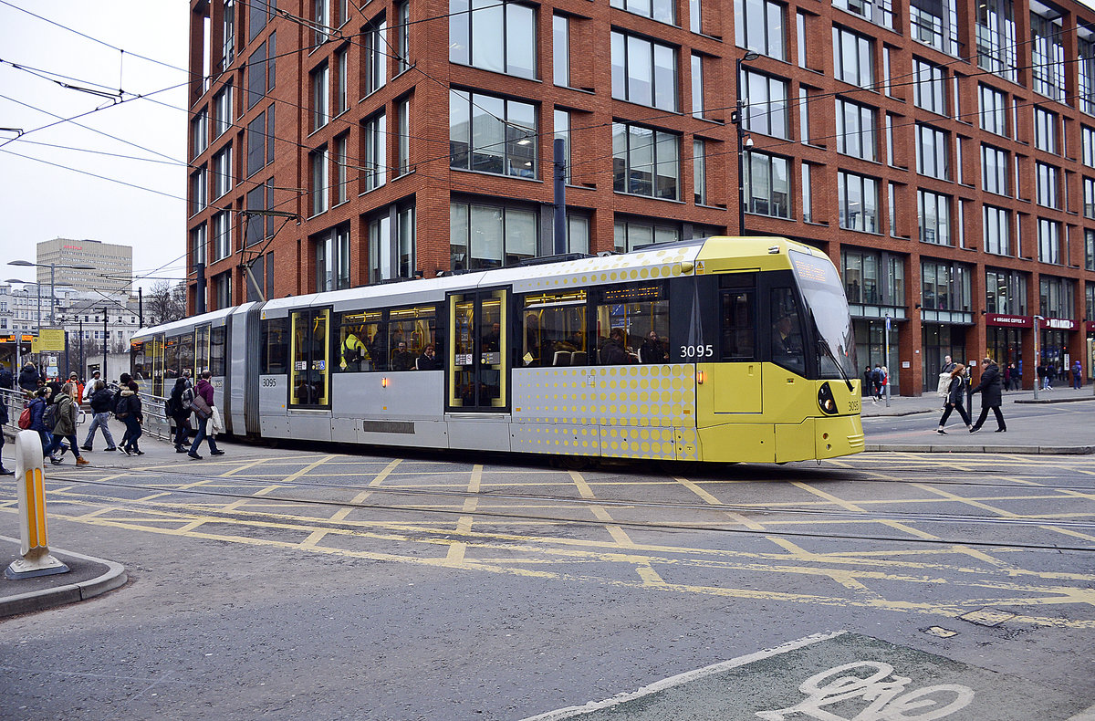 Manchester Metro Link Tram 3095 (Bombardier M5000) at Eleven Portland Street in the city centre of Manchester: March 11, 2018.