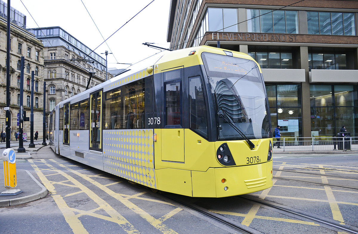 Manchester Metrolink Tram 3078 (Bombardier M5000) at Eleven Portland Street in the city centre of Manchester. 
Date: 11. march 2018.
