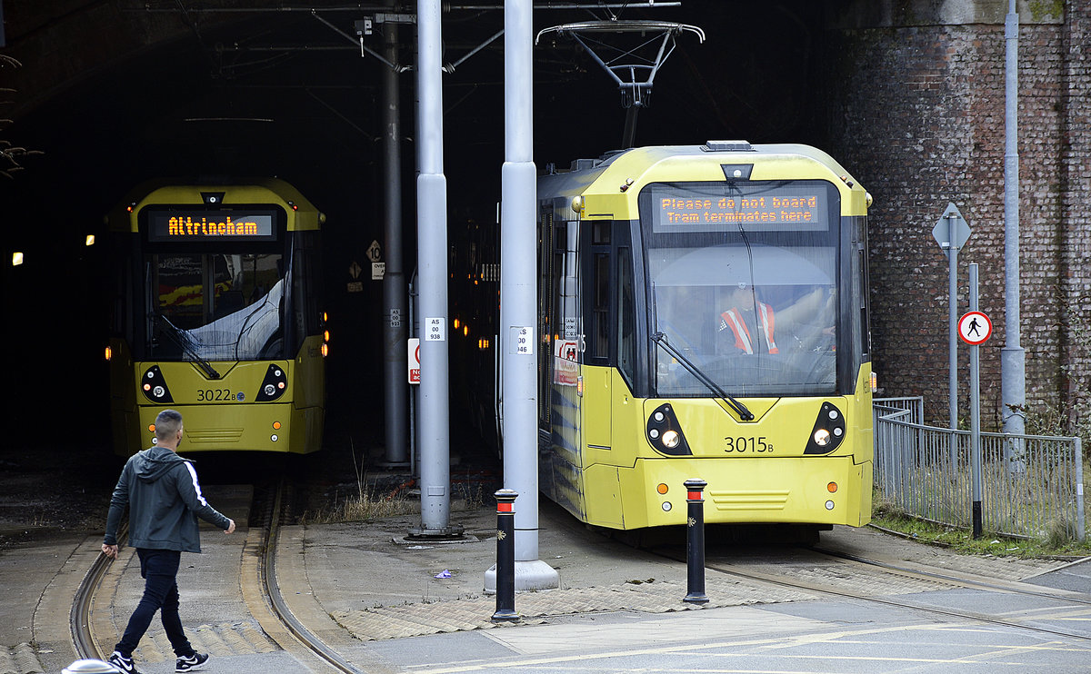 Manchester Metrolink Trams 3022 and 3105 (Bombardier M5000) in the tunnel under Manchester Piccadilly Station. Date: 11. march 2018.