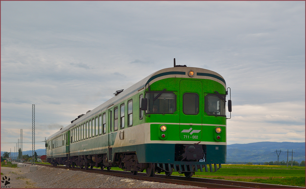 Multiple units 711-002 are running through Cirkovce on the way to Murska Sobota. /17.4.2014