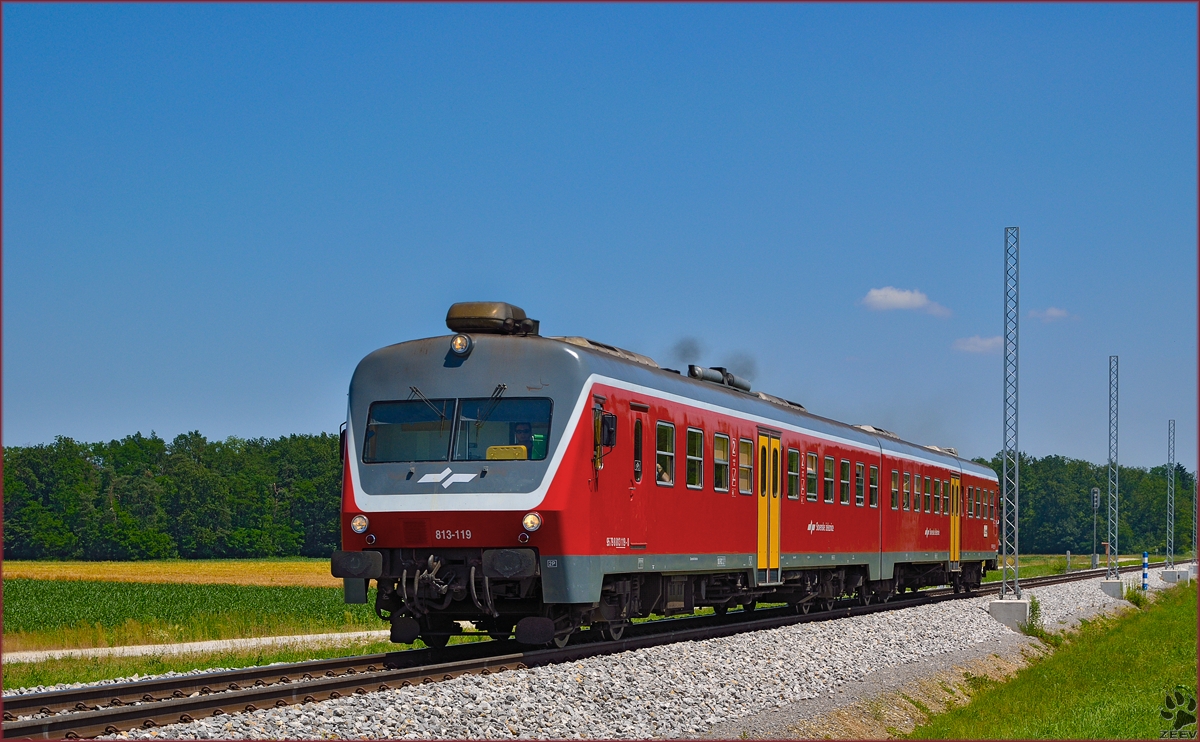 Multiple units 813-119 are running through Cirkovce-Polje on the way to Maribor. /10.6.2014