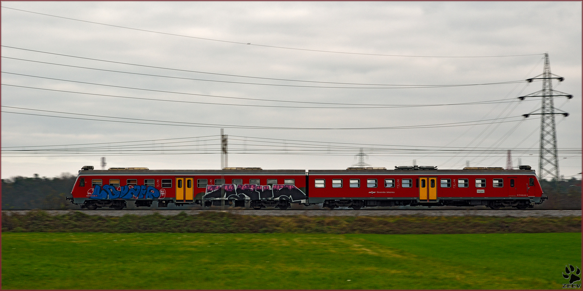 Multiple units 814-124 run through Bohova on the way to Maribor station. /21.11.2014