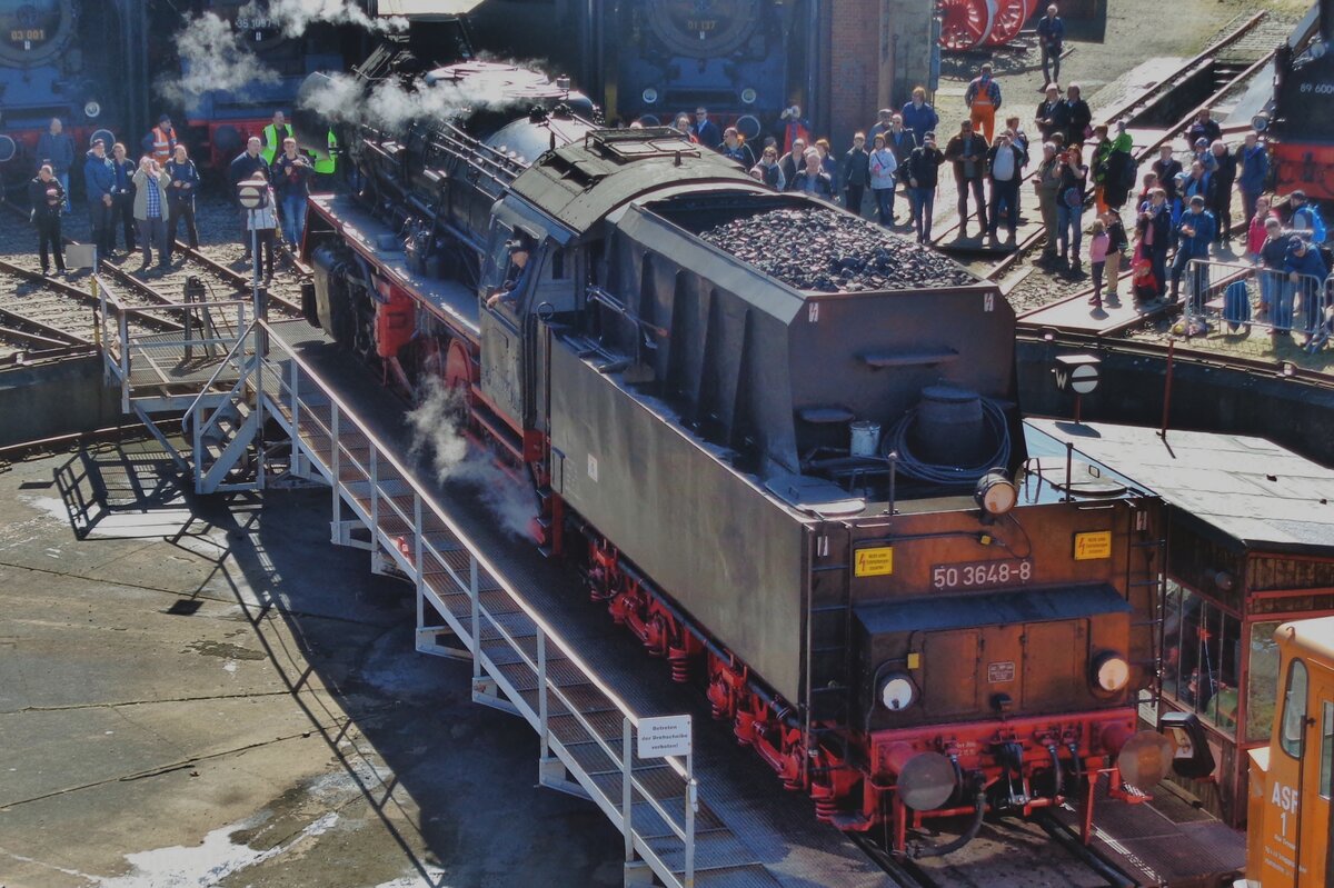 SEM's 50 3648 shows her charms on the turn table at Dresden-Altstadt during the Dresden Dampfloktreffen on 8 April 2018.
