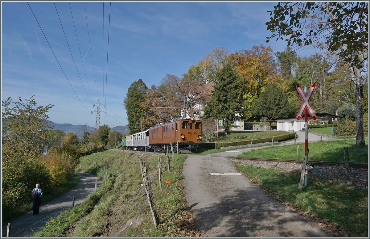 The Bernina Bahn RhB Ge 4/4 81 by the Blonay Chamby Railway is by Chaulin on the way to Chamby. 

30.10.2022