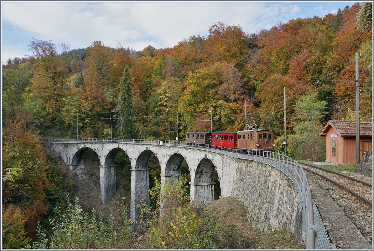 The BOB HGe 3/3 N° 29 by the Blonay-Chamby Railway by Vers Chez Robert on the way to Chamby.

29.10.2019