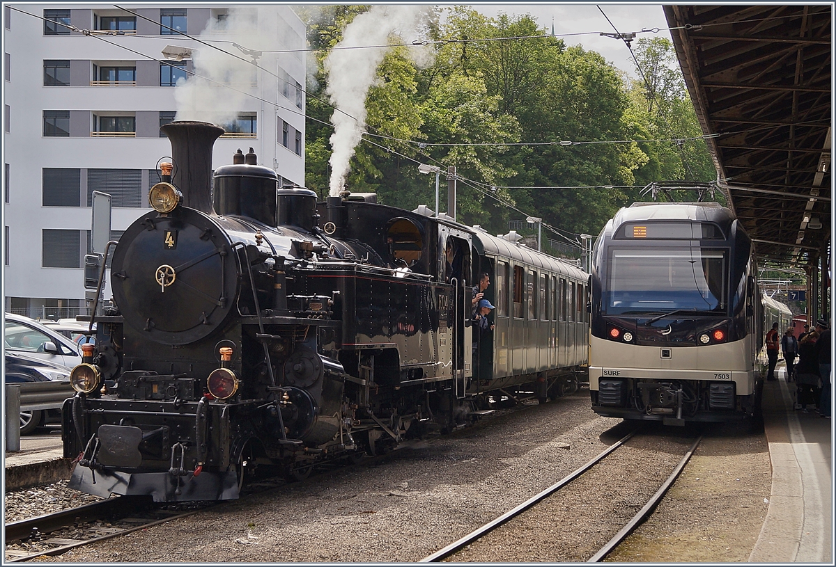 The FO HG 3/4 N° 4 (Dampfbahn Furka Bergstrecke) by the BC and the CEV MVR GTW ABeh 2/6 7503 in Vevey.
21.05.2018
