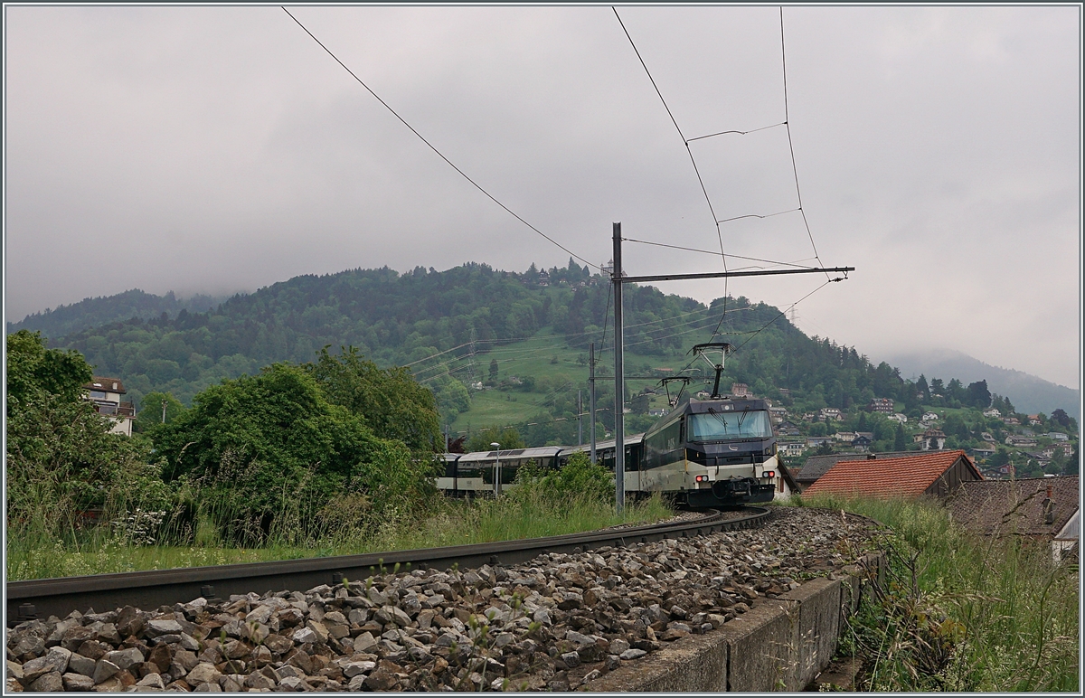 The Ge 4/4 8004 with a MOB Panoramic Express on the way to Zweisimmen by Sonzier. 

16.05.2020