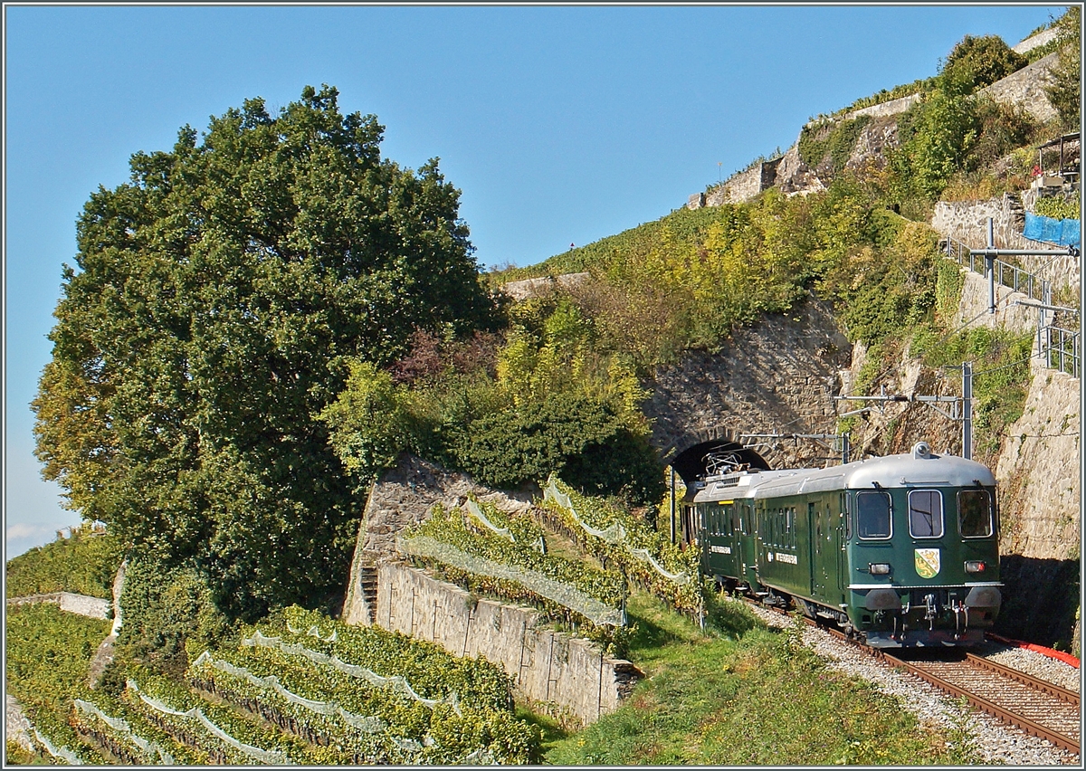 The HV MThB ABe 4/4 N° 12 and his BDt near Chexbres.
04.10.2015