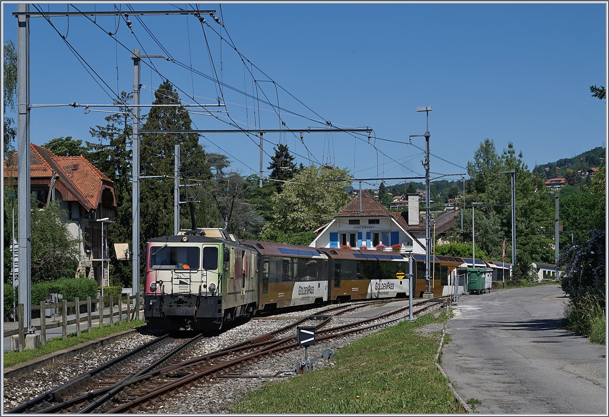 The MOB GDe 4/4 6006 with  a MOB Panoramic Service to Zweisimmen in Fontanivent. 

21.05.2020