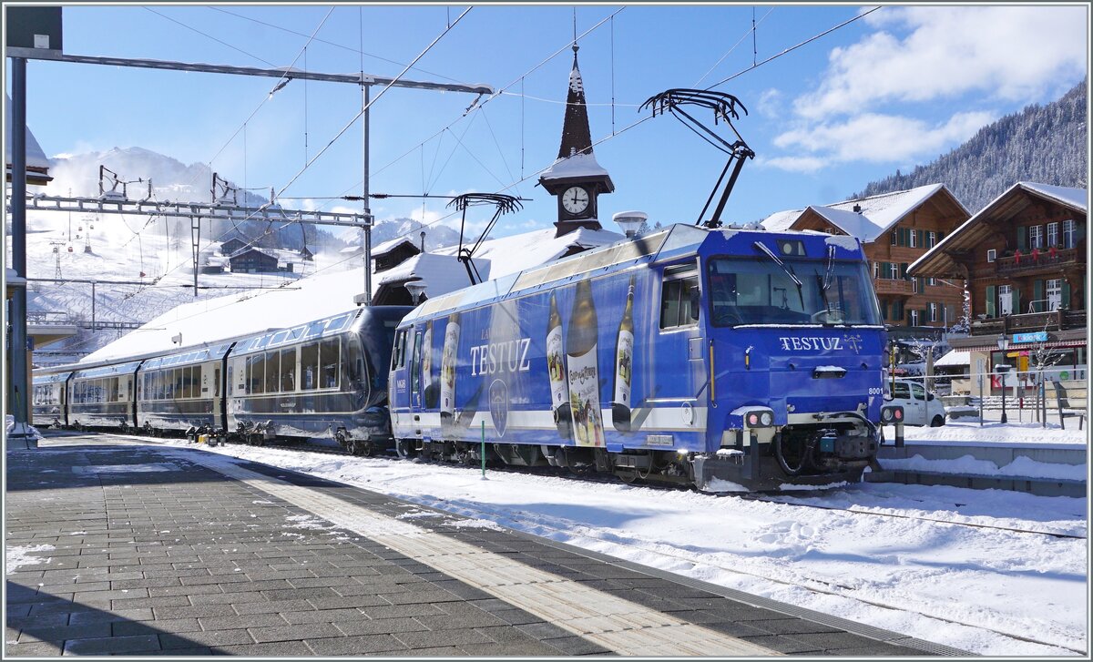 The MOB Ge 4/4 8002 with the GoldenPass Express 4065 from Interlaken to Montreux in Zweisimmen.

20.01.2023