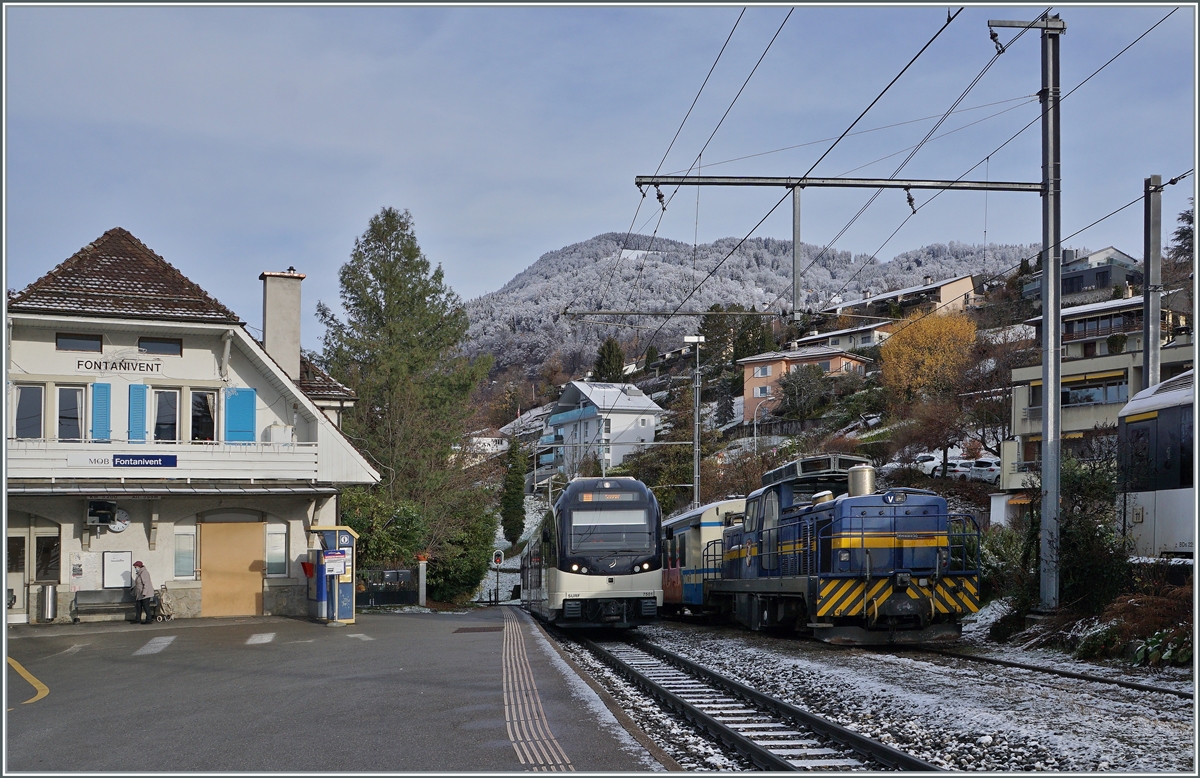 The MVR CEV ABeh 2/6 7501 and the MOB Gm 4/4 2004 Albeuve in Fontanivent. 

05.12.2020