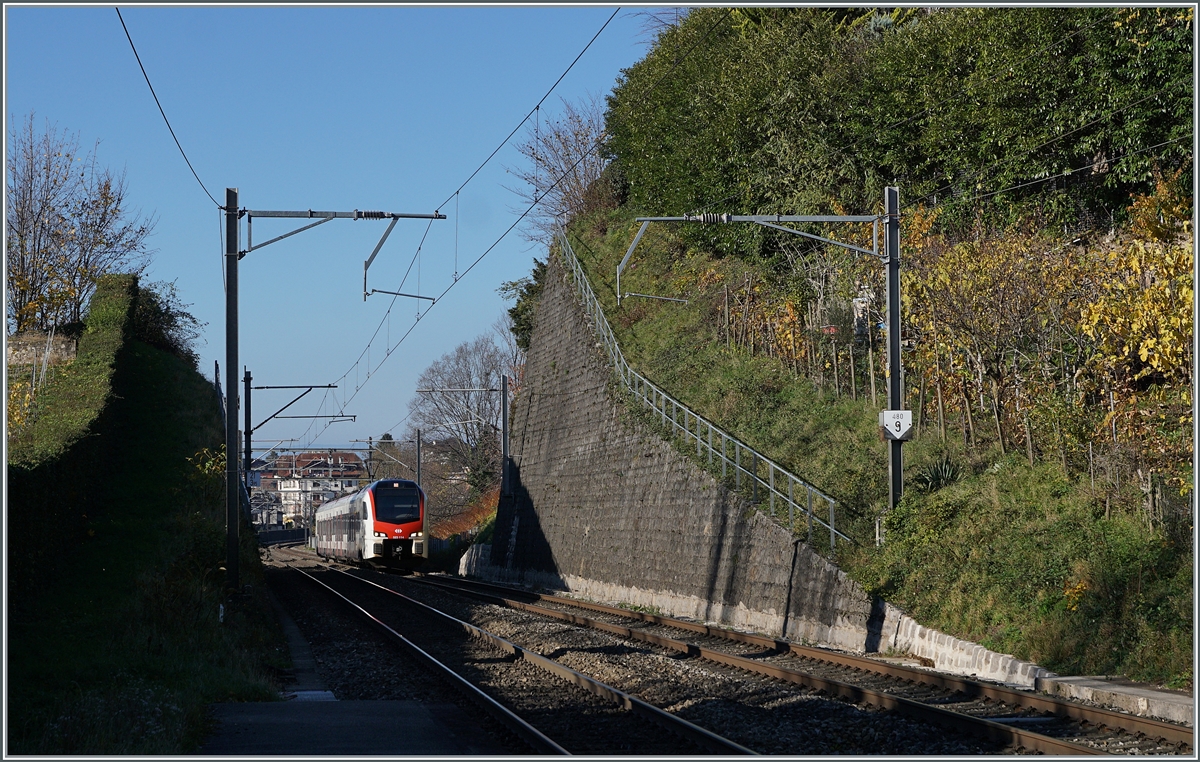 The SBB Flirt3 RABe 523 114 on the way to St Maurice is appproching the Burie Station.

23.11.2023