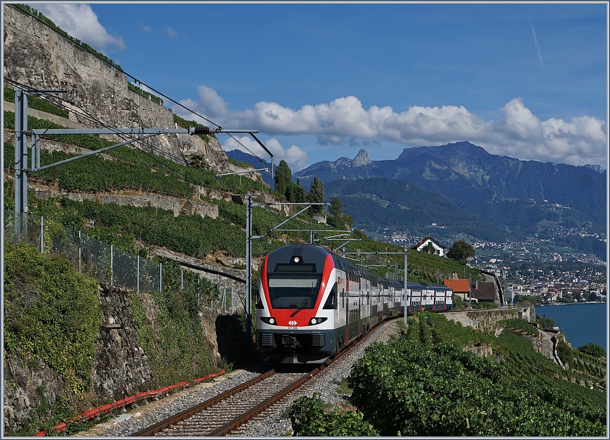 The SBB RABe 511 029 on the way to Fribourg between Vevey and Chexbres.
26.08.2018