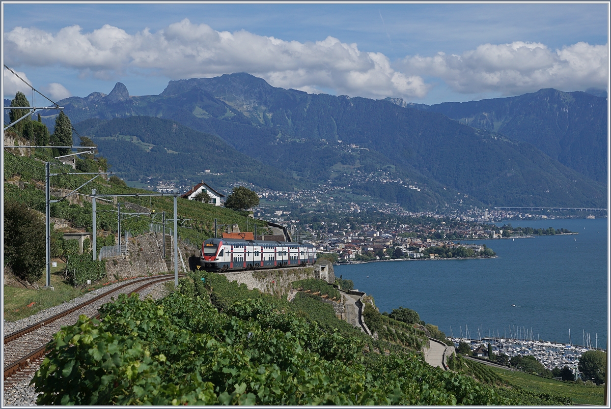 The SBB RABe 511 112 from Fribourg to Geneva between Chexbres and Vevey in the Lavaux Vineyards. 26.08.2018