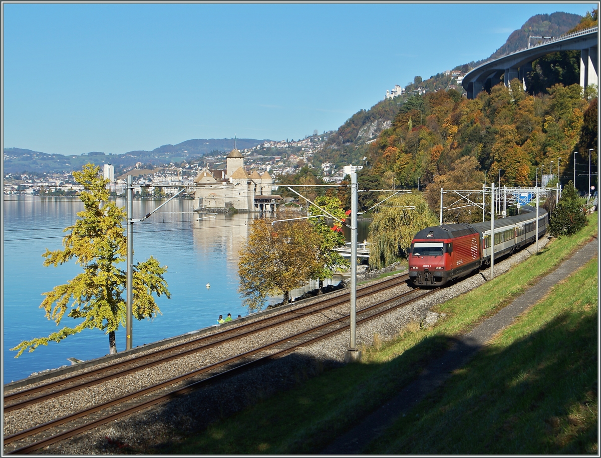 The SBB Re 460 039-1 with an IR to Brig near the Castle of Chillon.
01.11.2014