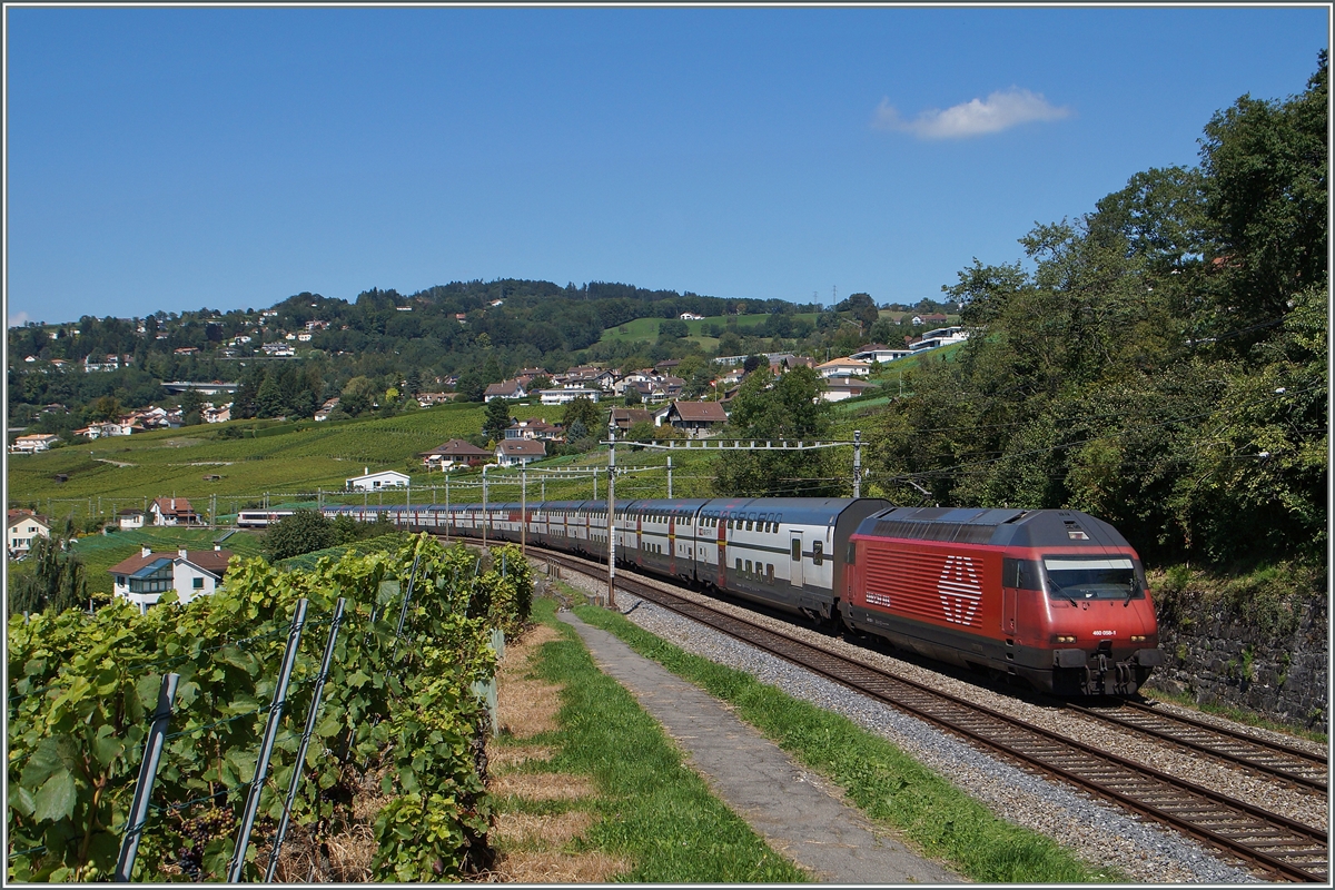 The SBB Re 460 058-1 wiht an IC Genève - St.Gallen near Bossière .
02.09.2014
