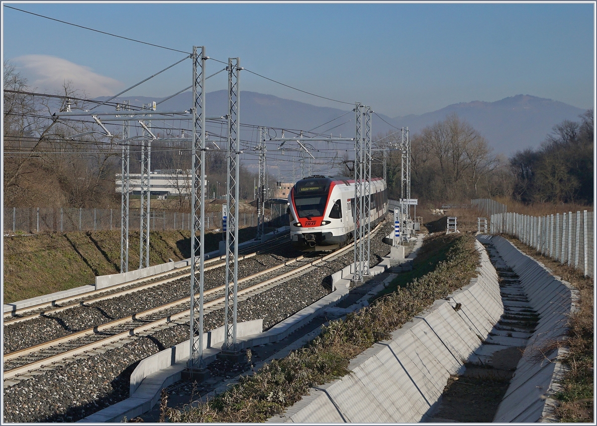The SBB TILO Flirt RABe 524 008  Mendrisiotto  by the Border betwenn Stabio and Cantello Gaggiolo on the way to the Airport Malpensa.
05.01.2019