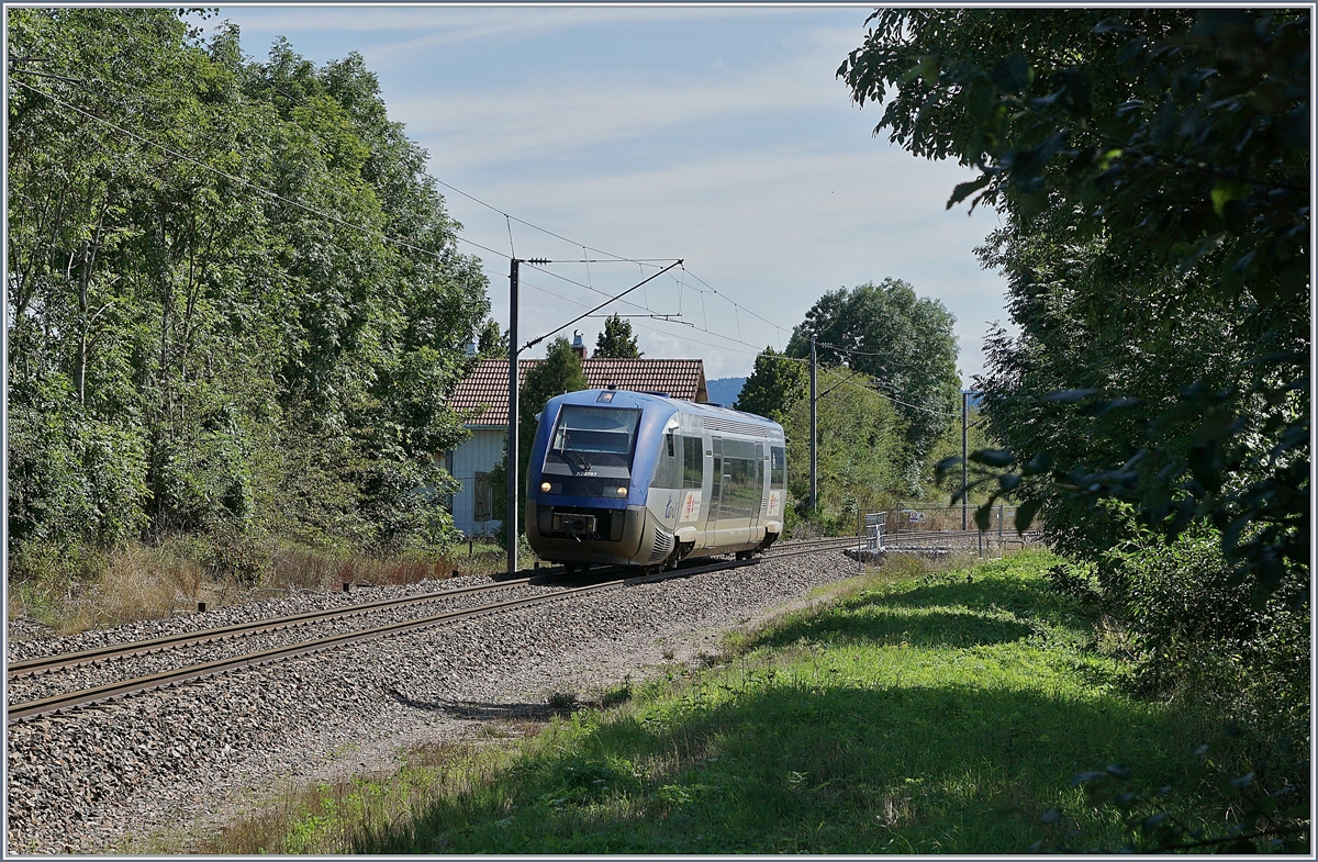 The SNCF X 73767 is arriving at the Station La Rivière-Drugeon. This TER 895714 is on the way from Pontarlier to Dôle-Ville.

21.08.2019