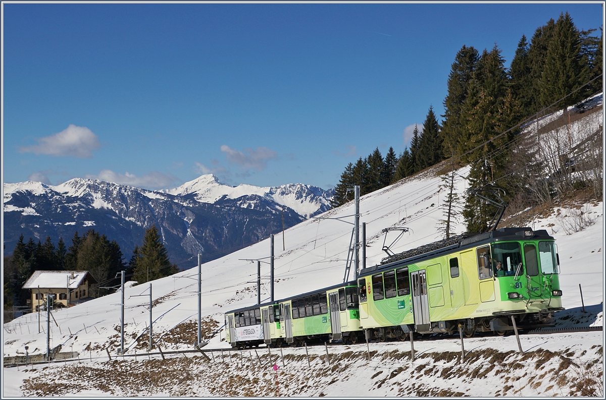 The TPC BDe 4/4 81 with a local train on the way to the Col-de-Bretaye Station near the Col-de-Soud.


05.03.2019